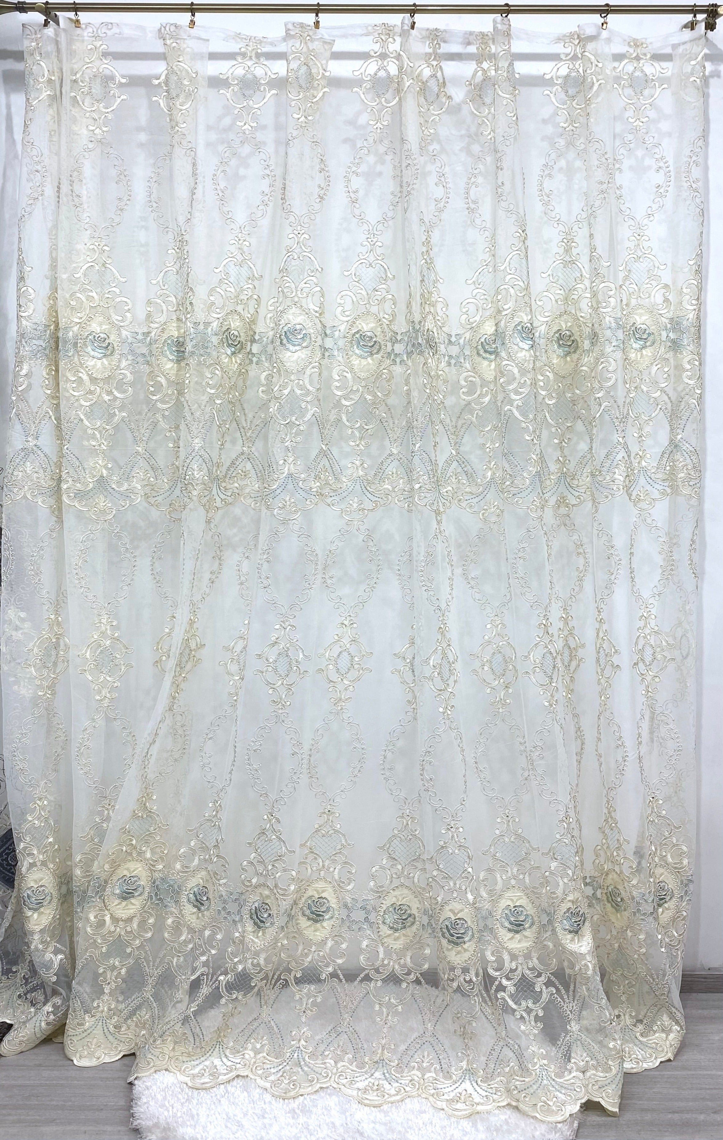 Ekrü - Kék Rózsa mintás Kész Függöny 300x250 cm Huzziyas Home